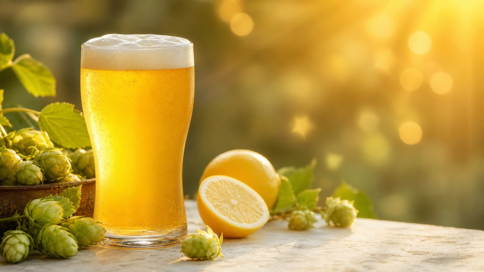 黄金色の光と柑橘、ホップを添えたビールのイメージ
