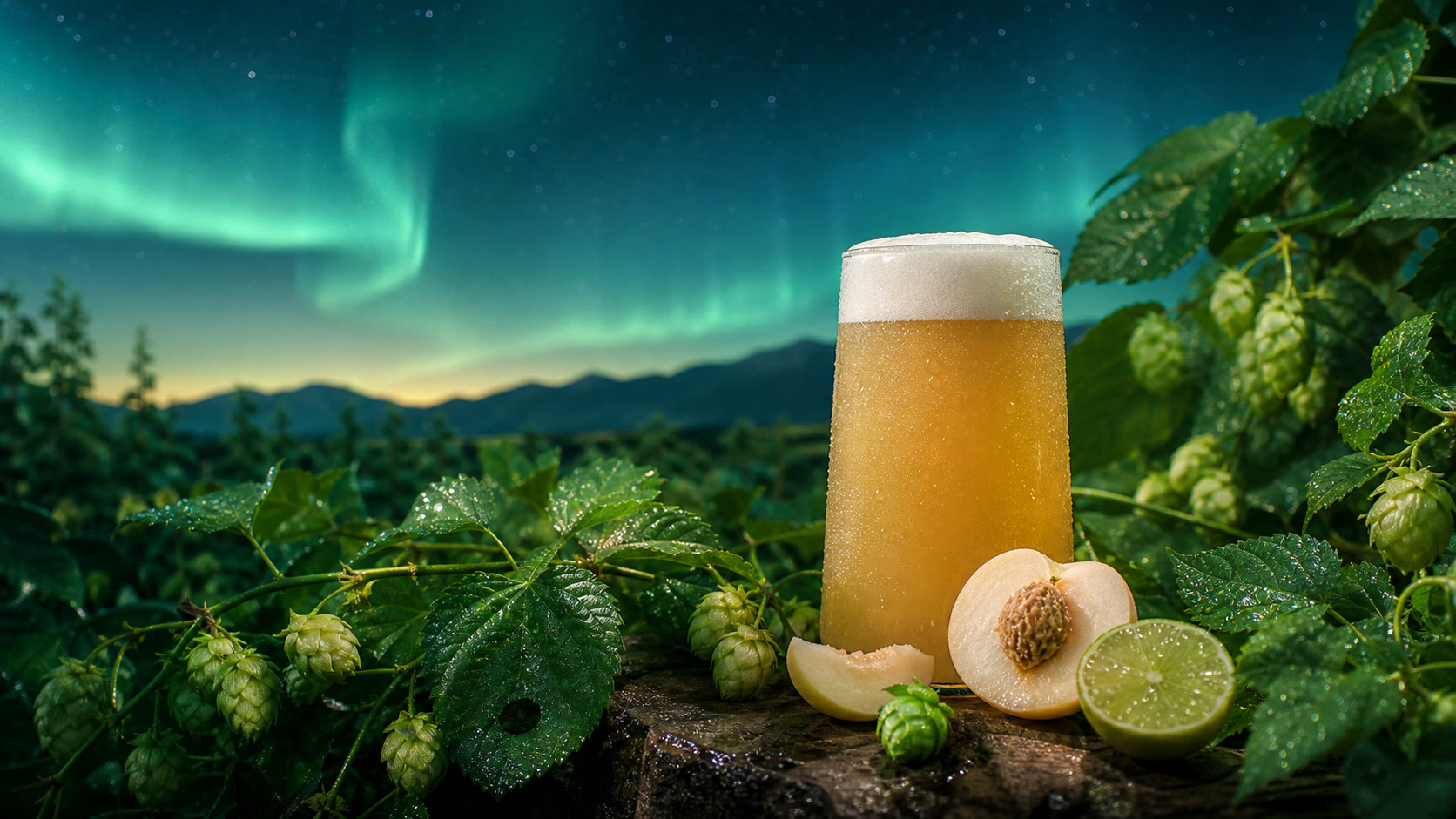 緑のホップ畑とオーロラを組み合わせたビールのイメージ