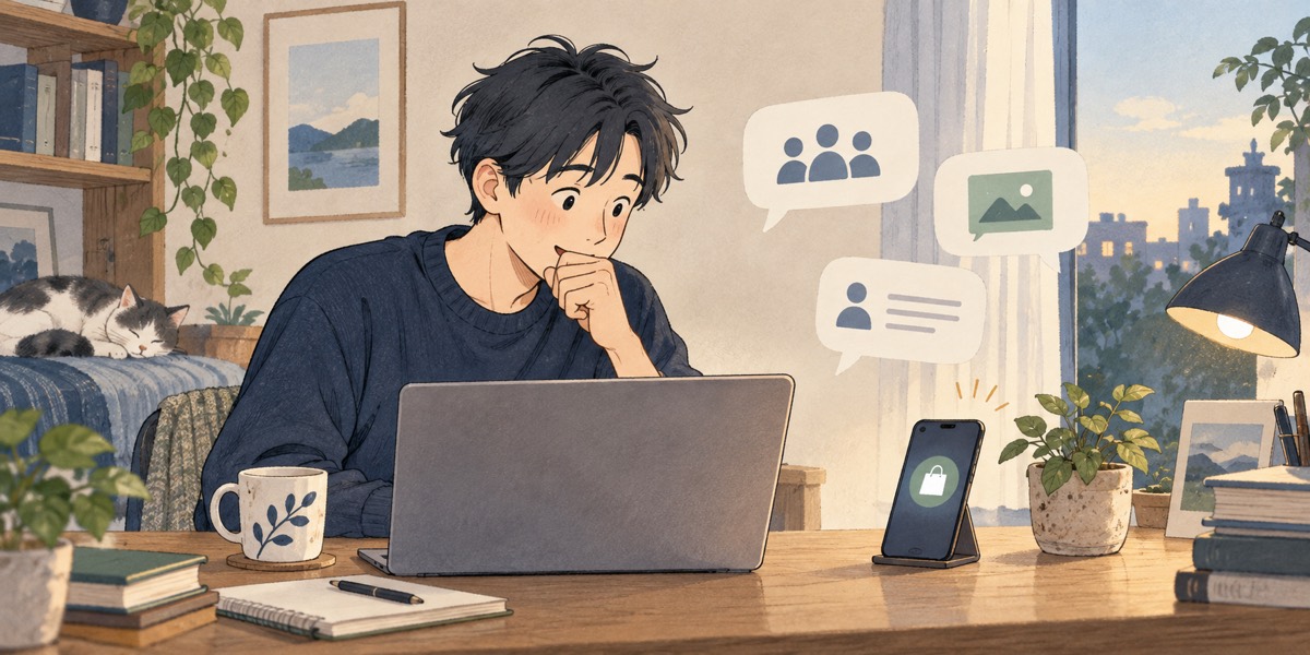 初めての購入通知を見て驚く個人開発者のイラスト