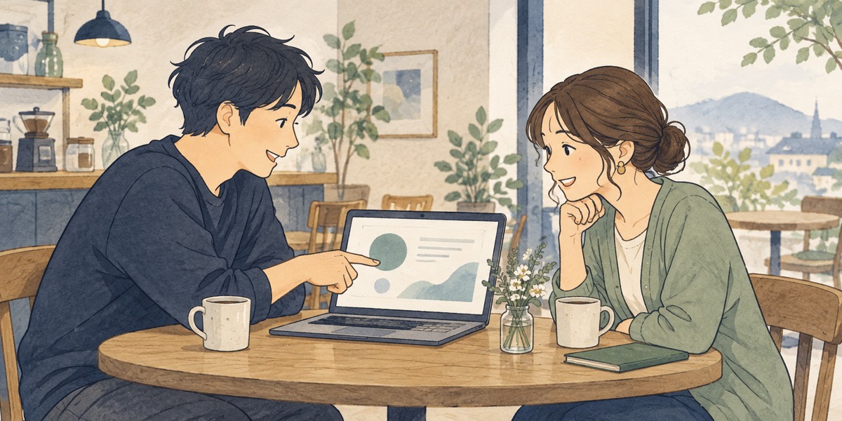 試作品を見せながら使い道を相談する二人のイラスト