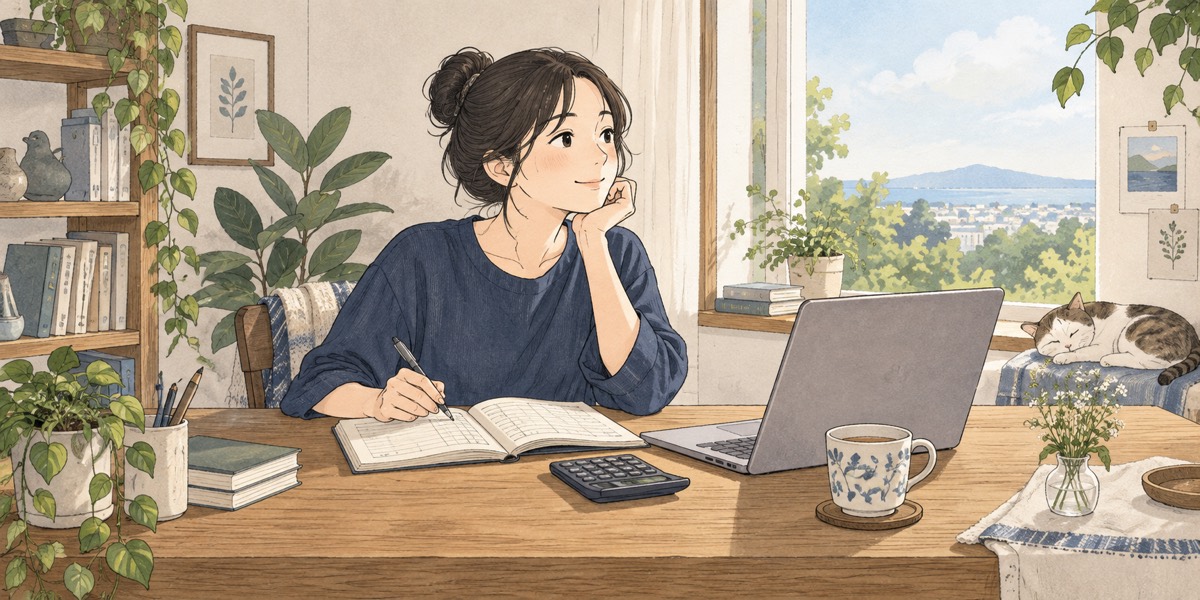 ノートと電卓で収支を確認する一人社長のイラスト