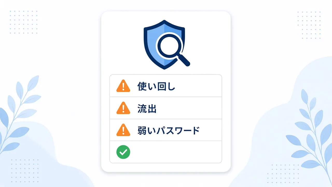 パスワードの使い回し・流出・弱いパスワードを警告するチェック画面のイメージ