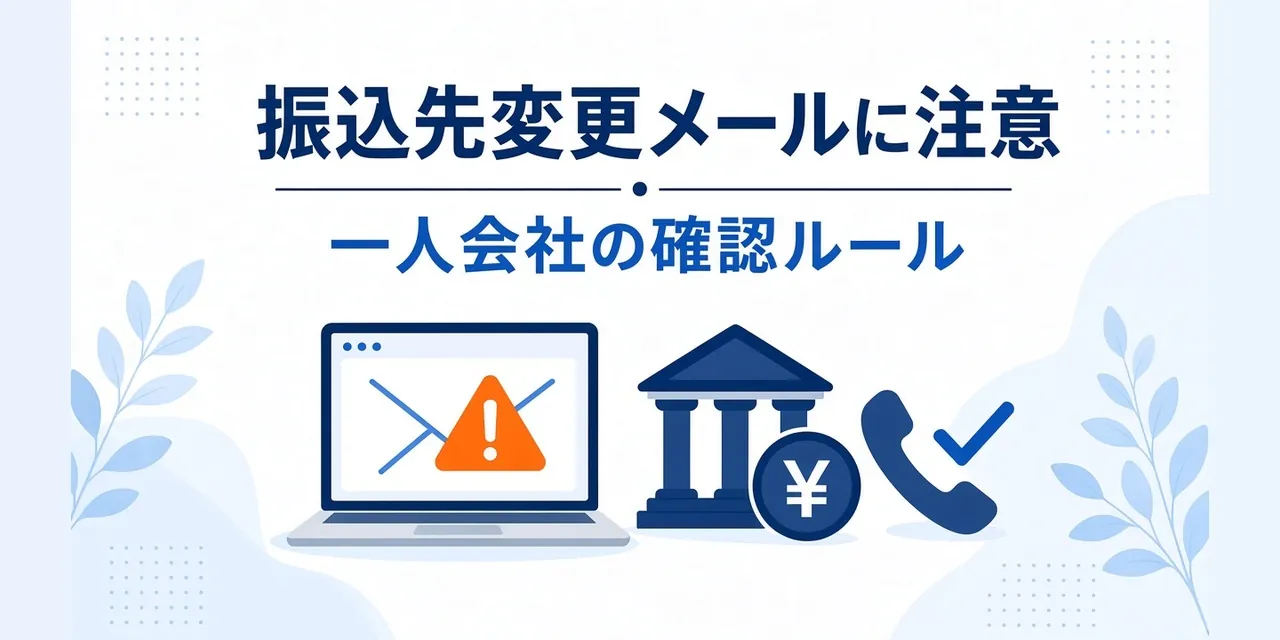 振込先変更メールへの注意を表す、警告マークのついたメールと銀行と電話のイラスト