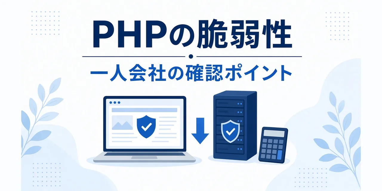 PHPの脆弱性と一人会社の確認ポイントを示すノートパソコンとサーバーのイラスト