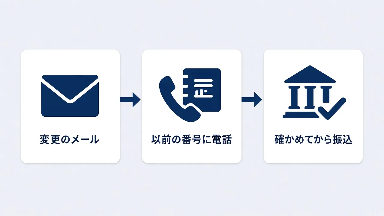 振込先変更のメールを受け取ったら、以前から知っている番号に電話し、確かめてから振り込む流れの図